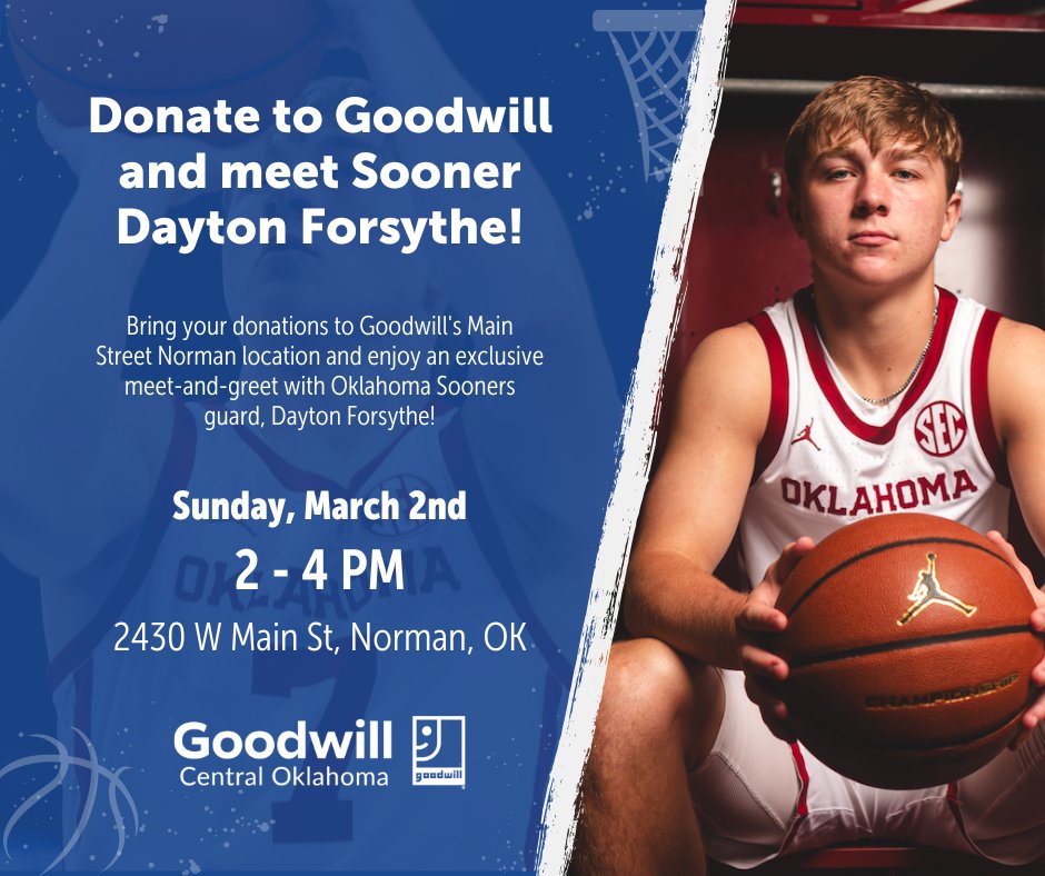 okgoodwill's tweet photo. Meet OU Guard Dayton Forsythe! 🏀

Bring a donation to Goodwill’s Main Street Norman store on March 2 (2-4 PM) for an exclusive meet-and-greet with Sooner's star Dayton Forsythe!

📍 2430 W Main St, Norman, OK https://t.co/MWinSEoqtQ