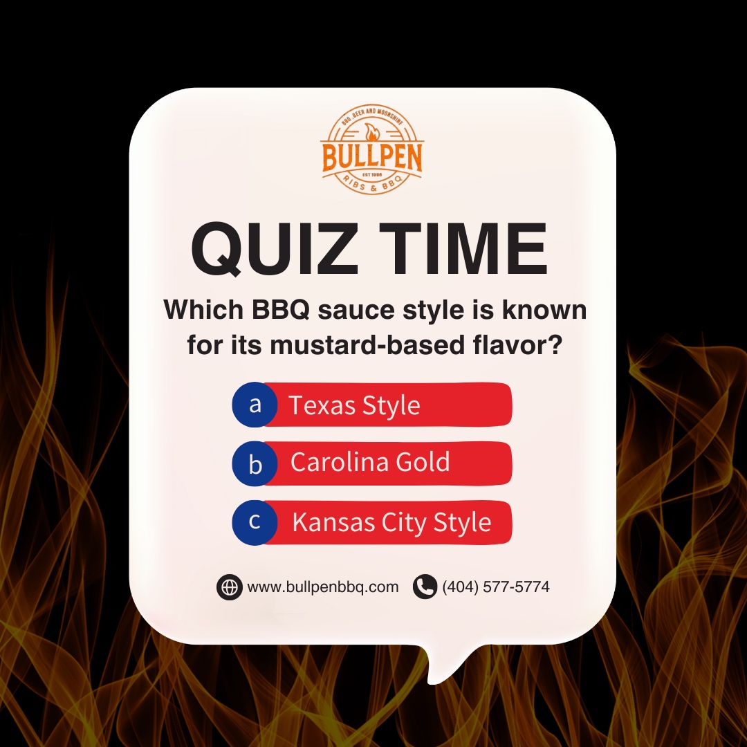 BullpenRibHouse's tweet photo. Which BBQ sauce style is known for its mustard-based flavor? 🍖
A) Texas Style
B) Carolina Gold
C) Kansas City Style

Drop your answers in the comments! ⬇️ Let’s see who really knows their BBQ! 

#bbqtrivia #bbqlover #bbqsauce #bbqfacts #grillmasters #bbqtime #carolinabbq #mus... https://t.co/o5SJPH5OKO