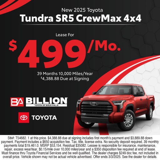 SFallsToyota's tweet photo. Take a look at this lease offer on New 2025 Toyota Tundra SR5. Click here to shop our selection - https://t.co/p4QhKqyMvC https://t.co/uFUU3oPCwl