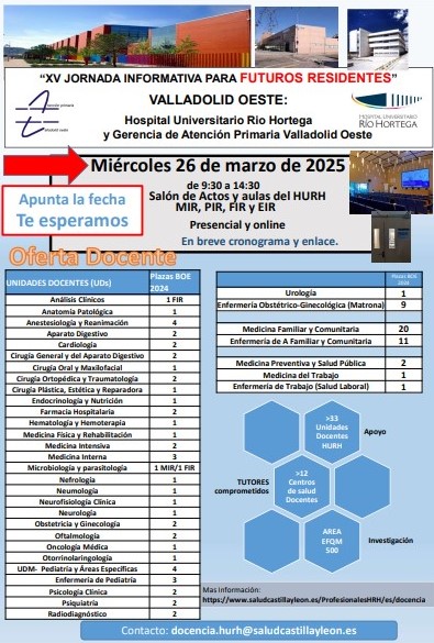 #MIR #EIR #FIR #PIR #QIR #BIR #RFIR

¡CYL os espera!
En marzo comenzaremos las jornadas de #puertas #abiertas en nuestras áreas de salud.
Conoce nuestros hospitales y centros de AP
¡Ven a #trabajar con nosotros!

Hospital Universitario Río #Hortega #Valladolid: 26 de marzo 2025