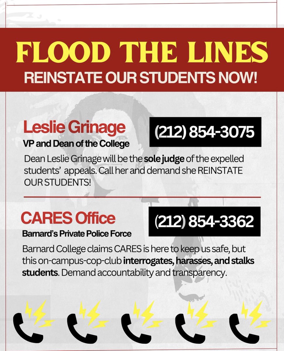 itslaylas's tweet photo. to support the two expelled Barnard students, student organizers are asking everyone to make phone calls to Barnard administrators. https://t.co/suwdISh3Vy