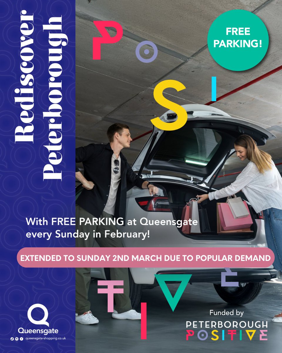 PboroPositive's tweet image. 📢 We&apos;re excited to announce that we are extending our FREE parking initiative with Queensgate Shopping Centre to include this coming Sunday, 2nd March!

For more information including T&amp;amp;C’s please visit queensgate-shopping.co.uk/parking

#PeterboroughPositive #PeterboroughBid
