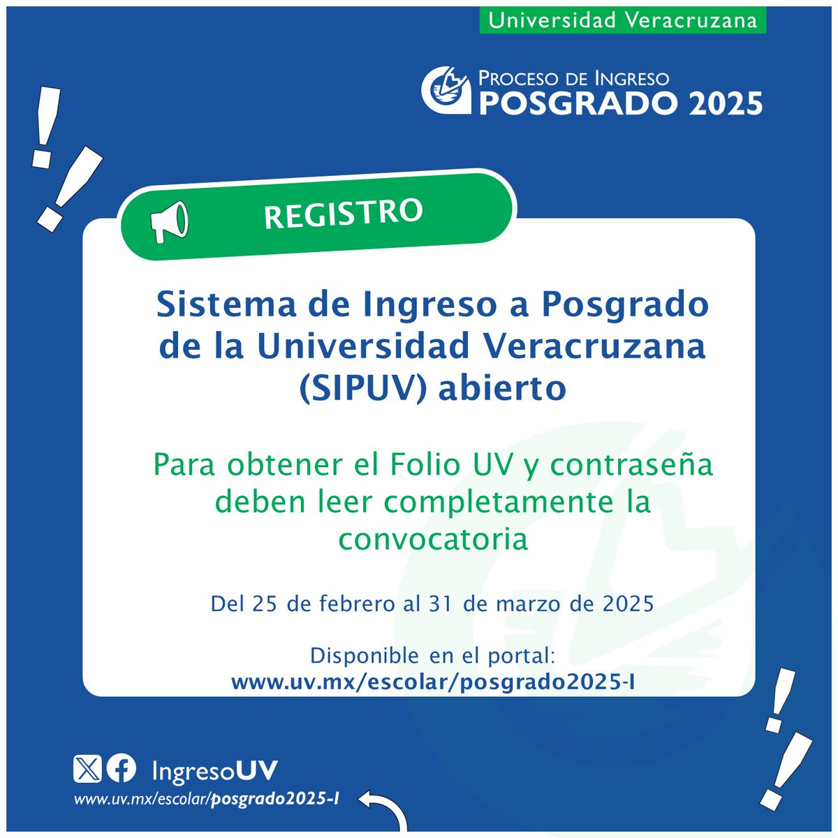 #AspirantesPosgradoUV2025
🔵El Sistema de Ingreso a Posgrado de la Universidad Veracruzana (SIPUV) se encuentra habilitado.
Último día de registro 31 de marzo a las 20:00 horas.
#IngresoUV <a href="/UVeracruzanaMx/">Universidad Veracruzana</a> <a href="/LuzioUV/">Luzio UV</a> <a href="/UV_Veracruz/">UV Región Veracruz</a>  <a href="/UV_pozarica/">Vicerrectoría P R</a> <a href="/ViceCoatza/">UV Coatzacoalcos-Minatitlán</a>