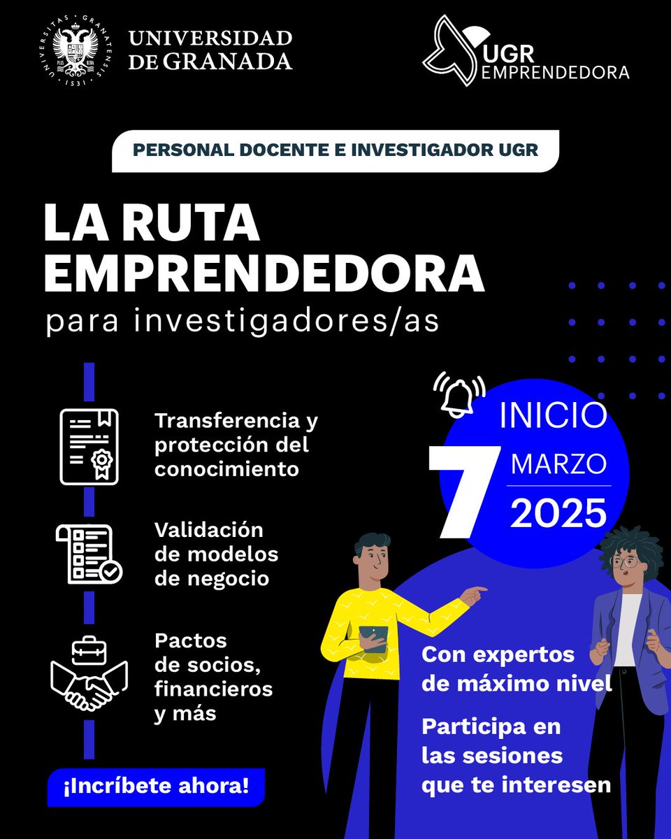 ¿Poco tiempo? 👉En La Ruta Emprendedora de investigadores/as tú eliges las sesiones que más te interesen.  

👩🏻‍🏫👨🏼‍🏫Aprende de expertos, protege y financia tu #investigación, y conviértela en una solución innovadora.  

📅 Empezamos el 7 de marzo  

🔗ugremprendedora.ugr.es/programas/ruta…

🧵👇