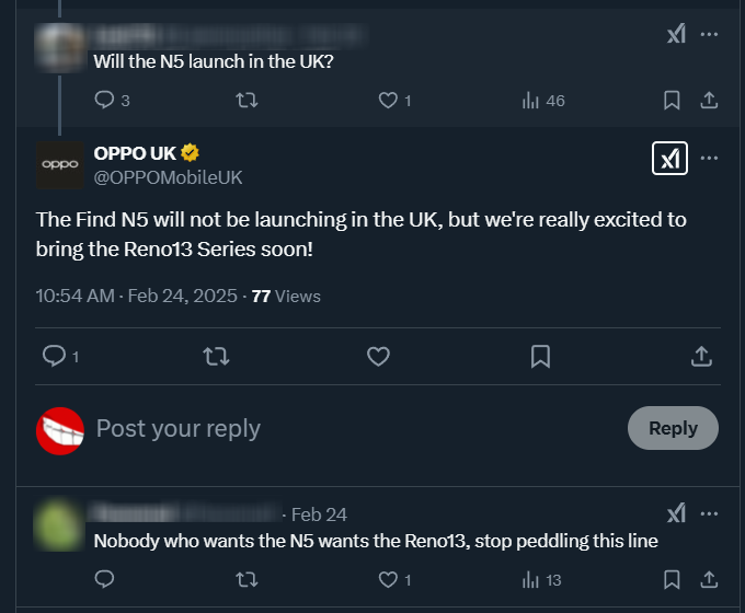 TrentTech's tweet photo. @Snapdragon_UK @torharrington Will it? Oppo's official accounts are literally telling people to buy a Reno instead because they won't be launching the N5 in the UK 🤨 https://t.co/PdbrEQ97aV