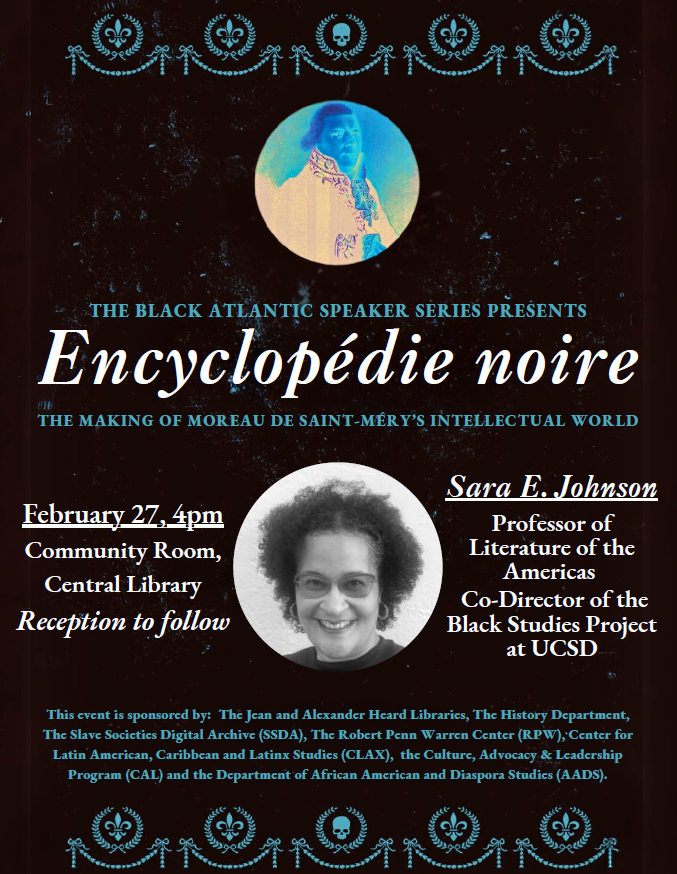 Join us this Thursday at 4 PM for the Black Atlantic Speaker Series in the Community Room at Vanderbilt University's Central Library. Reception to follow. Huge thanks to sponsors <a href="/VanderbiltCLACX/">Vanderbilt CLACX</a> , <a href="/VandyLibraries/">Vanderbilt Libraries</a> , <a href="/RPWCenter/">RPW Humanities</a> , <a href="/vandyhistory/">Vanderbilt History</a> <a href="/VanderbiltU/">Vanderbilt University</a> CAL and AADS!