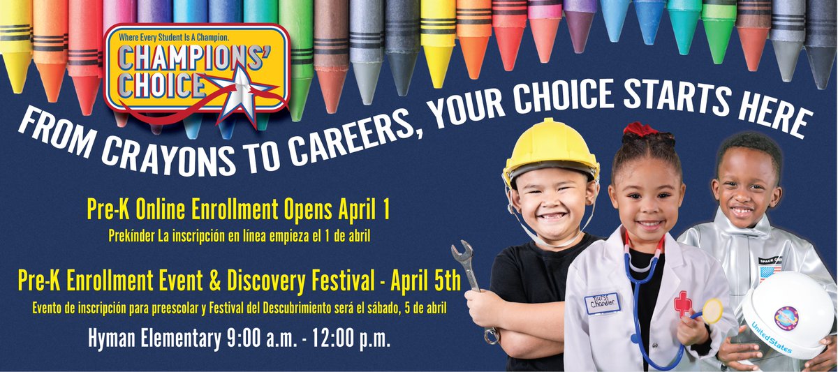 🎨 From Crayons to Careers, Your Choice Starts Here!" 🏆

✅ Pre-K online enrollment opens April 1
✅ Join us for the Pre-K Enrollment Event &amp; Discovery Festival on April 5 at Hyman Elementary!

Hands-on activities, enrollment help &amp; more!
📲 » dville.it/Prek25