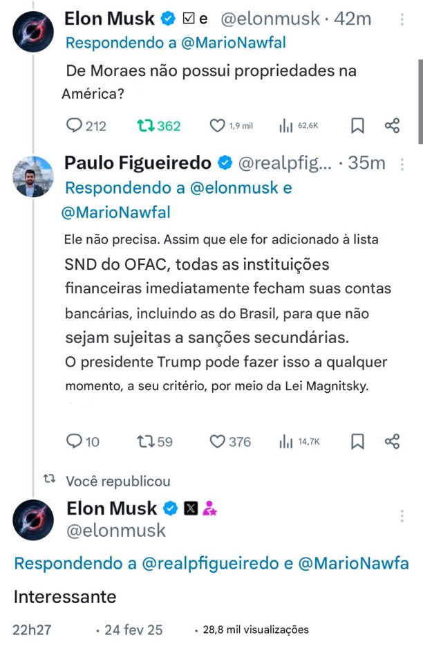 Trecho da conversa entre Musk e Paulo Figueiredo.

Tuitem:

APOIAMOS ALEXANDRE DE MORAES