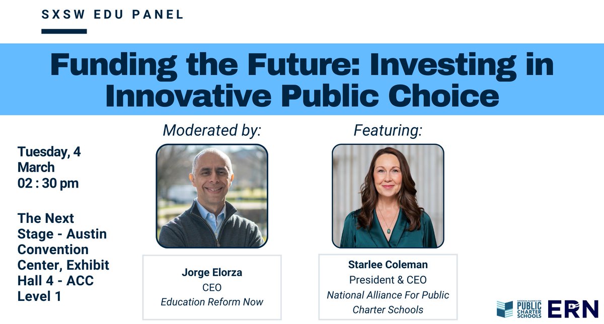 🚨 Join us at #SXSW! 🚨 Discover how public education choice is shaping the future with ERN CEO <a href="/Jorge_Elorza/">Jorge Elorza</a>  &amp; <a href="/charteralliance/">publiccharters.org</a> CEO <a href="/starleecoleman/">Lorena nixx</a>. 📅 March 4 | 🕝 2:30 PM CT | 📍 The Next Stage, Austin Convention Center. Don't miss out! #SXSWEDU