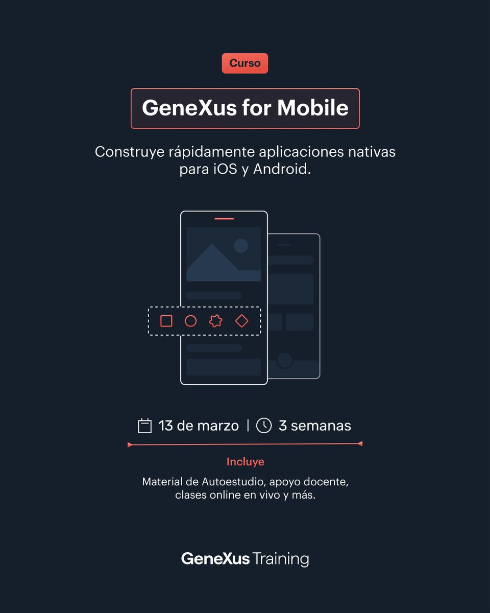 🚀Aprende a desarrollar rápidamente aplicaciones móviles nativas para Android y iOS.➡️hubs.la/Q038dtbB0

📆Inicio de curso: 13 de marzo
🌐Modalidad: Online 

¡No te lo puedes perder! ¡Regístrate! 🔥

#Capacitación #CursosGeneXus #App #Desarrolladores