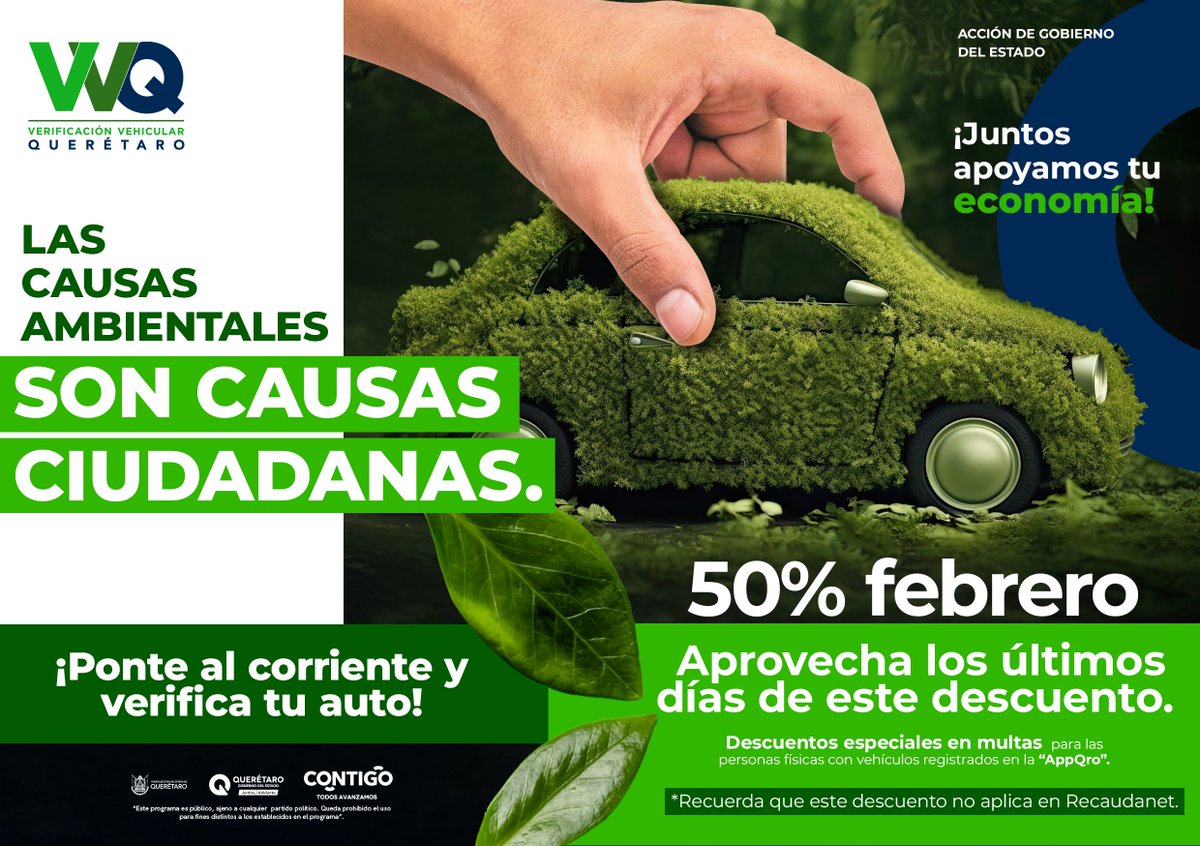 ¡Aprovecha los ultimos días con el 50% de descuento en multas de verificación! 🚗🌿 Si tu vehículo está registrado en la AppQro, aún estás a tiempo de ponerte al corriente. #CONTIGO