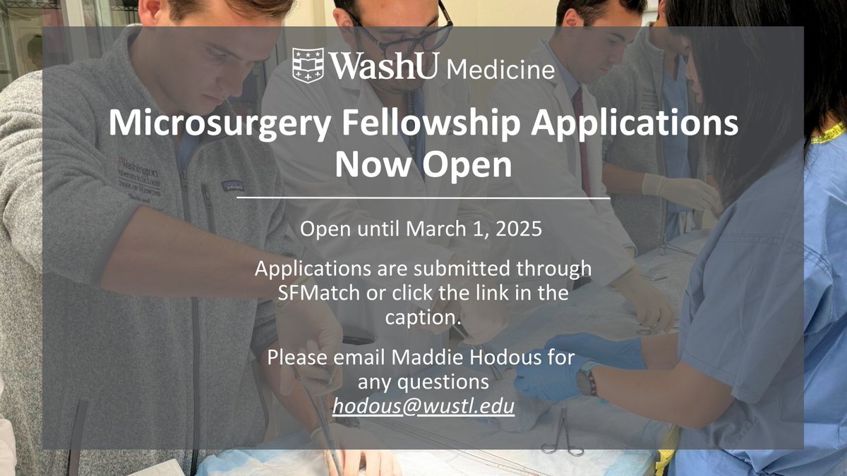 Don't miss your chance to join WashU Medicine's renowned Microsurgery Fellowship! 

Applications close March 1st. Apply via SFMatch: bit.ly/3Brq4zS

#WashUMedicine #WashUSurgery #CareerOpportunity #PlasticSurgery #Microsurgery