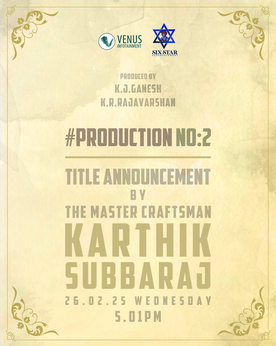 K J Ganesh (@kjganesh082) on Twitter photo .<a href="/venusinfotain/">Venus Infotainment</a>'s Production No. 2 - announcement dropping tomorrow!
To be revealed by the master craftsman <a href="/karthiksubbaraj/">karthik subbaraj</a> at 5.01PM!
<a href="/onlynikil/">Nikil Murukan</a> .<a href="/venusinfotain/">Venus Infotainment</a>'s Production No. 2 - announcement dropping tomorrow!
To be revealed by the master craftsman <a href="/karthiksubbaraj/">karthik subbaraj</a> at 5.01PM!
<a href="/onlynikil/">Nikil Murukan</a>