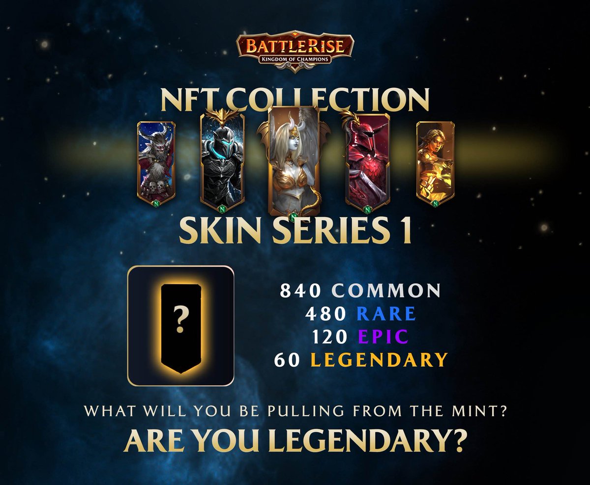 𝗧𝗵𝗲 𝗡𝗙𝗧 𝗖𝗼𝗹𝗹𝗲𝗰𝘁𝗶𝗼𝗻 𝗦𝗸𝗶𝗻 𝗦𝗲𝗿𝗶𝗲𝘀 𝟭 𝗶𝘀 𝗰𝗼𝗺𝗶𝗻𝗴 𝘁𝗼 𝗕𝗘𝗔𝗠 <a href="/BuildOnBeam/">Beam</a>

<a href="/BattleRiseGame/">BattleRise: Kingdom of Champions</a> announced the release of limited-edition NFT Skin Series 1, allowing players to catch up on 18 months of amazing Champion Skins—some of which may never be