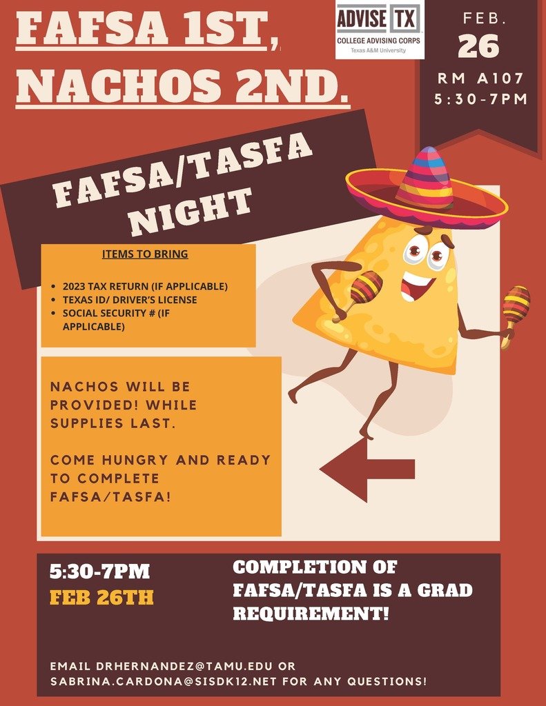 Somerset HS (@somerset_hs) on Twitter photo SHS College & Career Team invites you to our FAFSA Night on Wednesday Feb 26th for Nachos and FAFSA from 5:30 - 7:30 in rm A107!
Can't make it? That's ok. Just pop in on Thursday Feb 27th between 8:30 - 3:30 and we will help you out then.  Please see flyer for more info. SHS College & Career Team invites you to our FAFSA Night on Wednesday Feb 26th for Nachos and FAFSA from 5:30 - 7:30 in rm A107!
Can't make it? That's ok. Just pop in on Thursday Feb 27th between 8:30 - 3:30 and we will help you out then.  Please see flyer for more info.