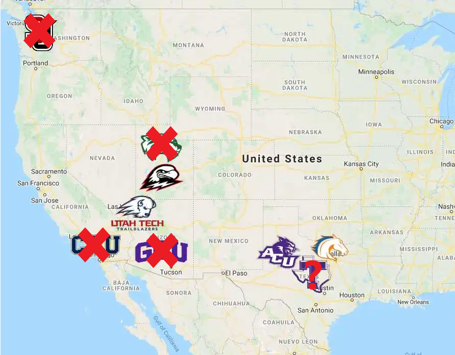 Sidelines_SN's tweet photo. With the Big West's expected invitations to Utah Valley &amp; Cal Baptist this week, the WAC will be down to just 5 members (2FB). As the WAC Commissioner, how do you save your conference? https://t.co/IjbCcvWuWP