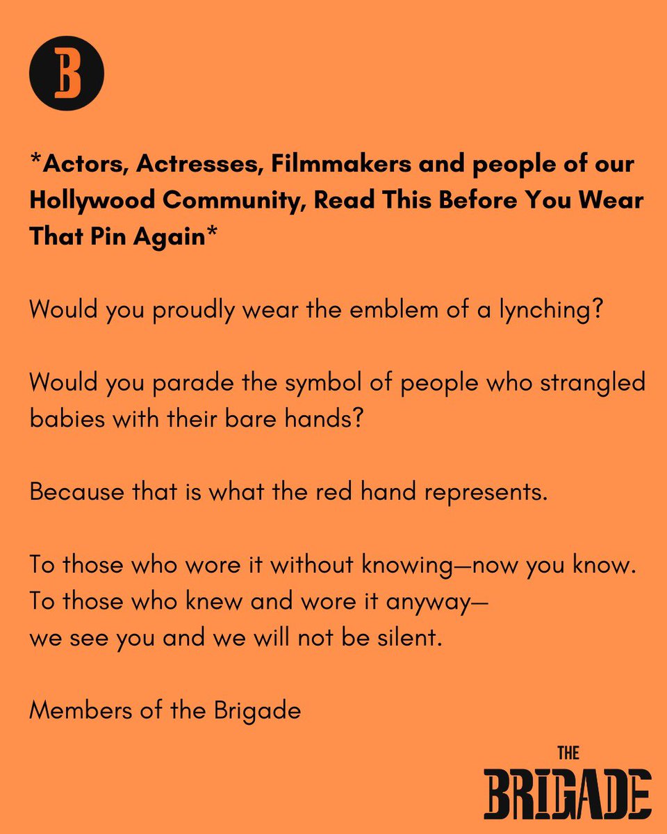 montanatucker's tweet image. Dear actors/musicians/filmmakers/people of the Hollywood community who may not know what the ‘red hand pin’ you wore or plan to wear represents-

It is NOT a symbol of peace. It is the visual representation of a gruesome murder of 2 Israelis who mistakenly walked into the West…