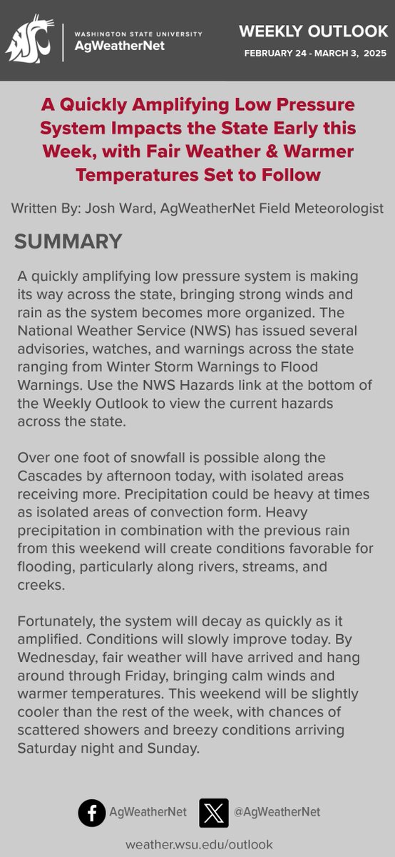 ⚠️Wild weather today in WA! Rapidly intensifying low pressure system bringing heavy rain, strong winds, &amp; over a foot of snow in the Cascades. Flood warnings in effect due to heavy rain. Things clear up mid-week with warmer temps. Full Weekly Outlook➡️weather.wsu.edu/outlook
