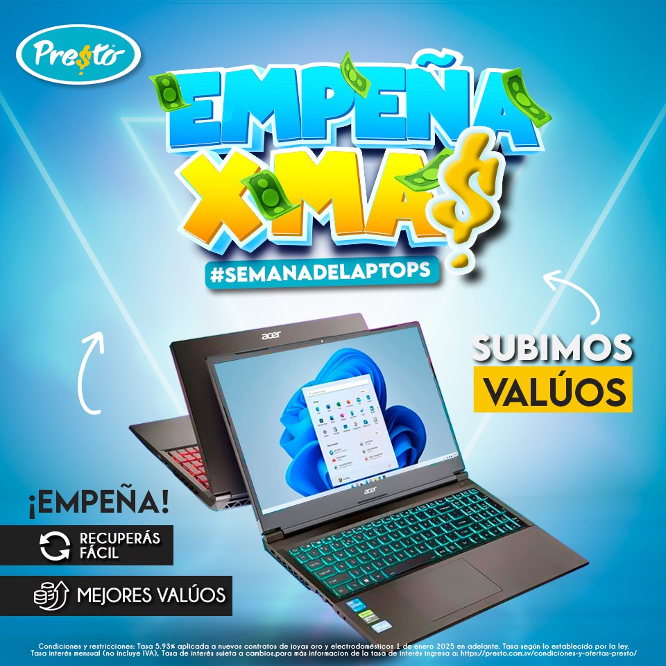 presto_sv's tweet photo. NUEVAS NOTICIAS🥳
Subimos nuestros valúos, ahora te damos más. 
Si tienes una laptop, tráela a Presto, si antes te dábamos lo que necesitas, ahora ¡te damos MÁ$!
#SemanaDeLaptops #EmpeñosPrestoElSalvador #PrestoElSalvador #TeDamosMÁS https://t.co/hA7r1i7Kot