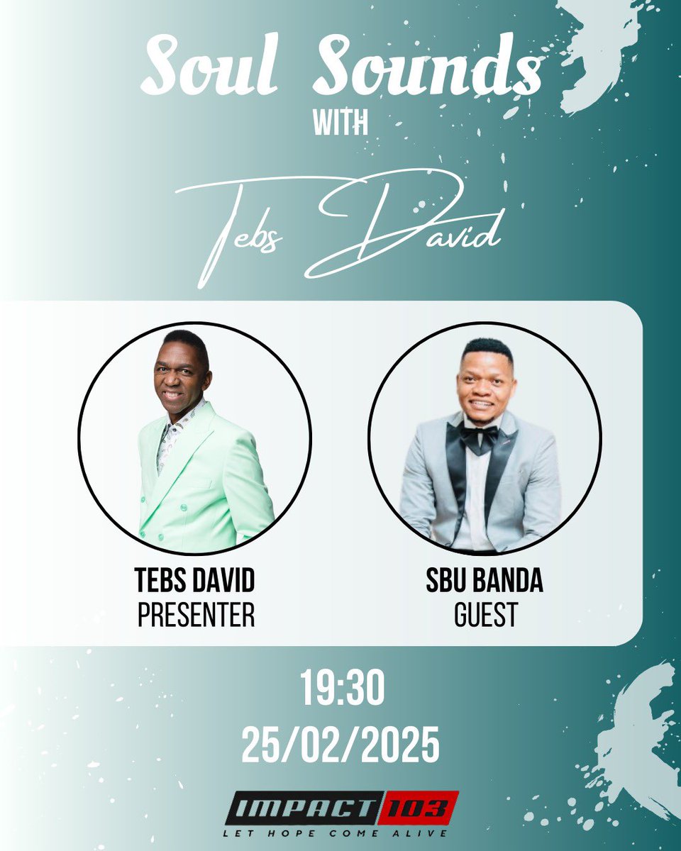 Radio Interview 🚨🚨Tune in to Soul Sounds tonight at 1️⃣9️⃣:3️⃣0️⃣ for a special interview with <a href="/Sbubanda/">Sbu Banda</a> on <a href="/impact103/">Impact Radio 103 FM</a>

📻 Impact 103FM
🕖 7:30 pm
📆 Tuesday, 25 February 2025

#gospel #tebsdavid #SbuBanda