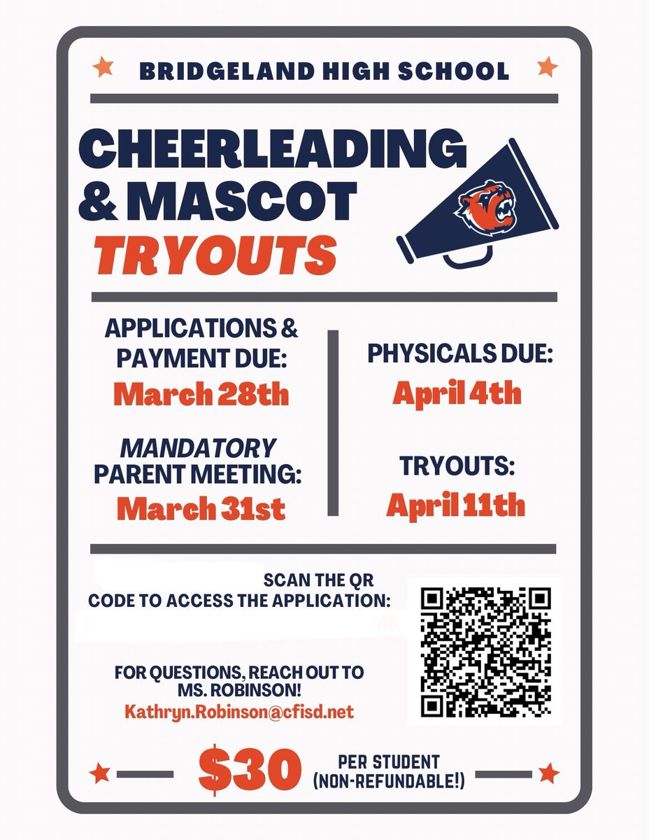 Scan the QR code to fill out the BHS Cheer Tryout application for the 2025-2026 season 📣🐻