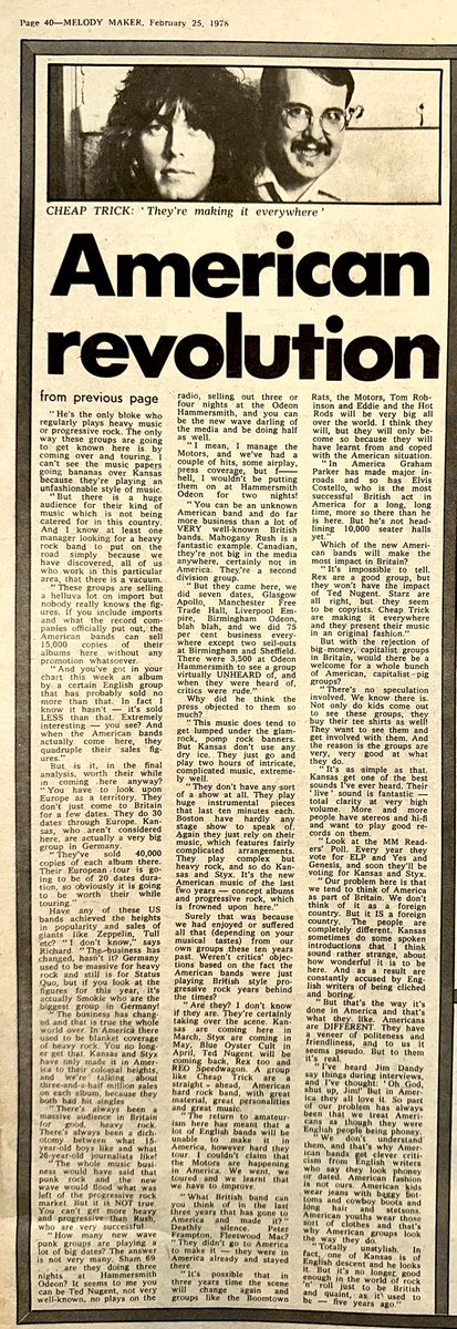 ZoundsAbound's tweet photo. Melody Maker steps a little out of its lane with a feature by Chris Welch on the current wave of credible Heavy Rock acts making a lot of noise in the US

Featuring @aerosmith #Boston @cheaptrick @kcreospeedwagon @KansasBand @STYXtheBand &amp; #Starcastle 

Melody Maker Feb 25th 1978 https://t.co/aR68qvesIM
