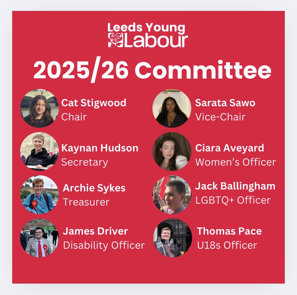 🌹 Introducing the Leeds Young Labour committee for 2025/26.

Together the committee will work to organise campaign days, events, and socials across Leeds for young members to get involved in the party.