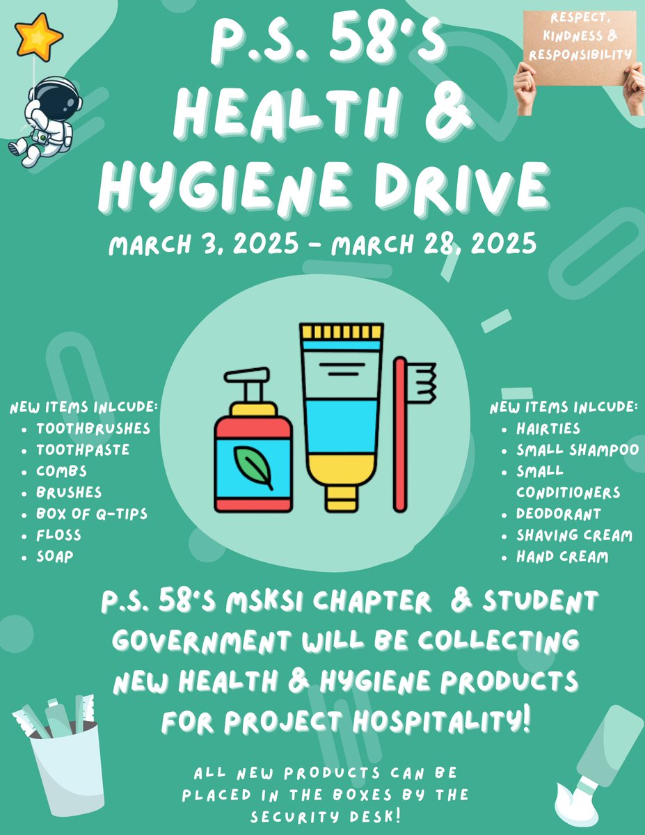 Our MSK &amp; Student Government are hosting a Health &amp; Hygiene Drive for Project Hospitality. Donations of NEW items will be accepted from March 3rd - March 28th. 🪥🧴🧼 Thank you for your generosity! #WeCanRKR58 <a href="/GregoryRocco58/">Gregory Rocco</a> <a href="/StaciBalice/">Staci Balice58</a> <a href="/MrsFisher58/">Deana Guarella Fisher</a> <a href="/CSD31SI/">CSD31StatenIsland</a> <a href="/DocPalton/">Doc Palton</a>