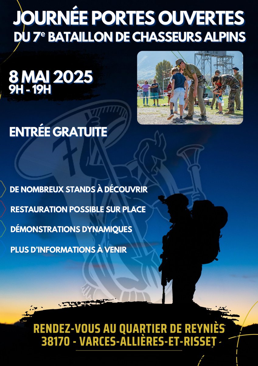 Rendez-vous le 8 mai 2025 au Quartier CBA de Reyniès pour la journée portes ouvertes du 7e BCA.📯🇫🇷
Venez nombreux !
