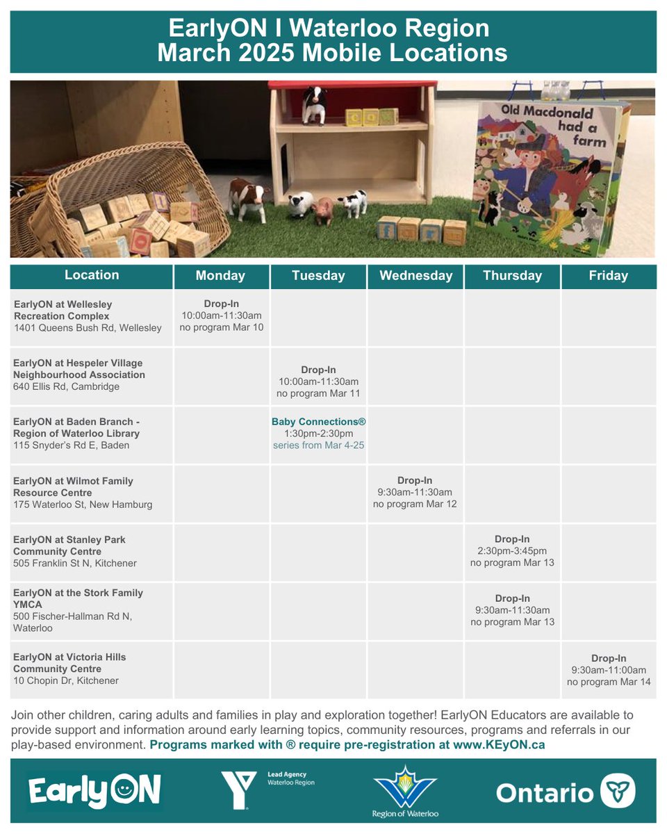 Did you know #EarlyONWR has various mobile locations? See the image below for more information about #March mobile location programming. 

Please check KEyON.ca for dates, times and holiday closures.