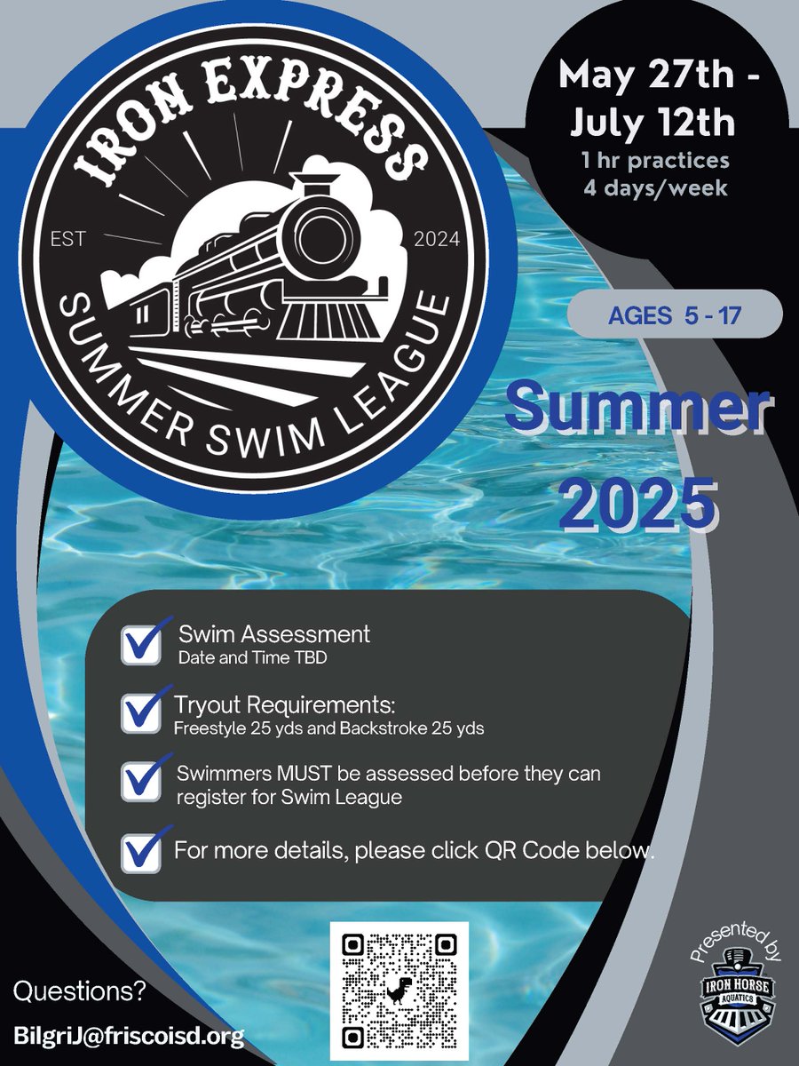 Iron Horse Aquatics is a swimming and diving club based at Frisco ISD's natatoriums, but it's open to swimmers and divers from beyond @Friscoisd boundaries. The club will have a summer swim league for ages 5-17. Details below.
<a href="/SwimIronHorse/">Iron Horse Aquatics</a>