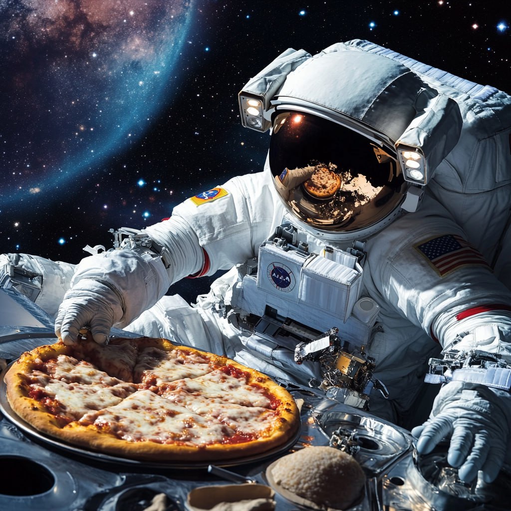 Jonibek_Jony's tweet photo. Pizza in space?!  🚀🍕

 If restaurants opened in the space in the future, what would you order?

 #SpacePizza #AstroFood #FutureEats #NASA #ZeroGravity #ai #AIart https://t.co/7nakz5odAr
