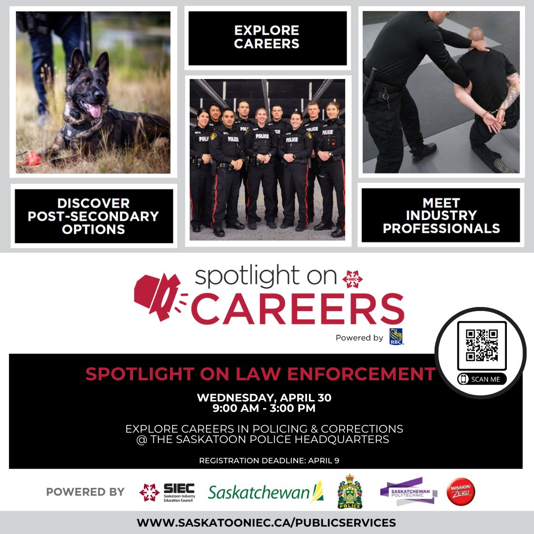 Are you interested in a career in law enforcement?
Join us for an interactive experience exploring career paths with the Saskatoon Police Service and Correctional Officers, and learn about the SaskPolytech Justice Studies Program.

Register Now: saskatooniec.ca/publicservices/