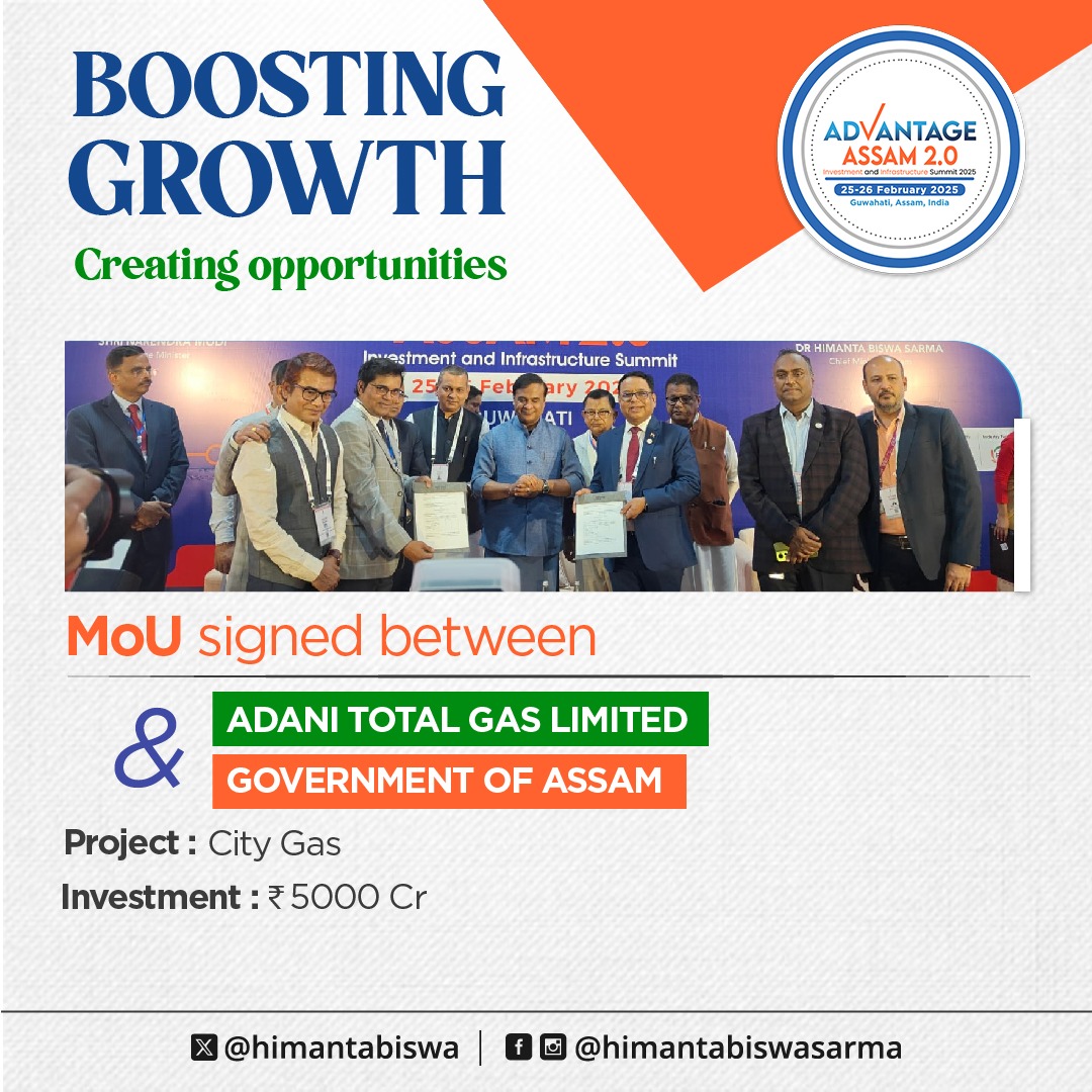 himantabiswa's tweet photo. Day 1: A mega investment blockbuster!

On Day 1 of #AdvantageAssam2, we signed a historic 164 MOUs of investment proposals, with companies in 15 sectors & received several investment commitments even from other districts, to drive forward our vision of Viksit Assam. 

Grateful to all industry leaders for their continued trust and confidence in the Assam Growth Story.