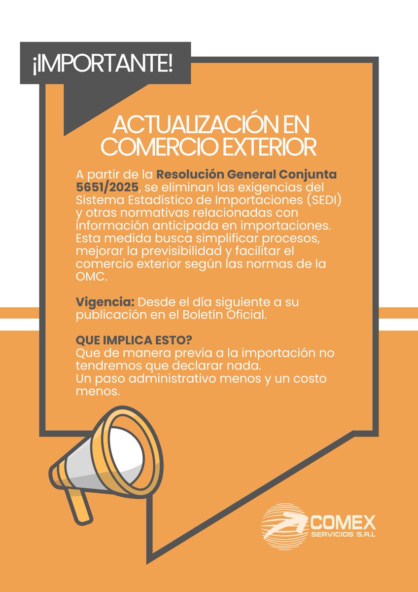 📢  El Gobierno Nacional derogó el Sistema Estadístico de #Importaciones (SEDI) mediante la Resolución General Conjunta 5651/2025.
Esta derogación se enmarca en la estrategia de facilitación del comercio, promoviendo un sistema más eficiente y competitivo

#comerciointernacional