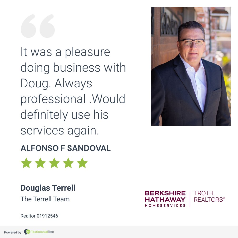 DougTerrell3's tweet image. 😍𝑻𝑬𝑺𝑻𝑰𝑴𝑶𝑵𝑰𝑨𝑳 𝑻𝑼𝑬𝑺𝑫𝑨𝒀!!😍
Thank you so much, Alfonso!
The pleasure was ours!
Proven Real Estate Professionals... THE TERRELL TEAM!
Cal or test for more information.  661-803-0269
DRE# 01912546