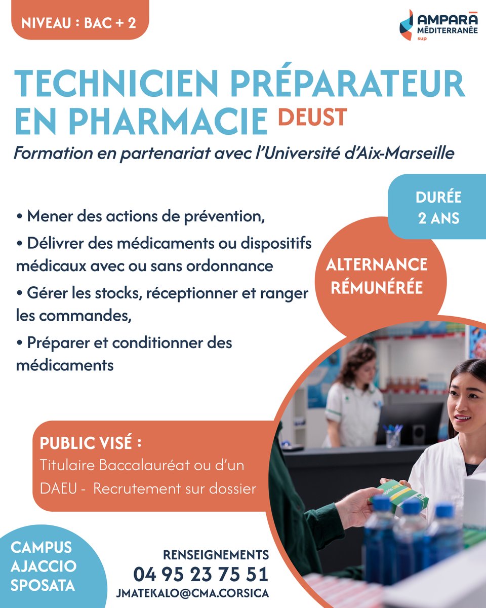 🎓 Focus sur le DEUST Technicien Préparateur en Pharmacie
👉 Formation en partenariat avec l'Université d'Aix-Marseille, au Campus Ajaccio Sposata.

✅ Formation courte et professionnalisante en 2 ans
✅ Alternance rémunérée
✅ Bac +2, reconnu par l'État, RNCP Niveau 5
