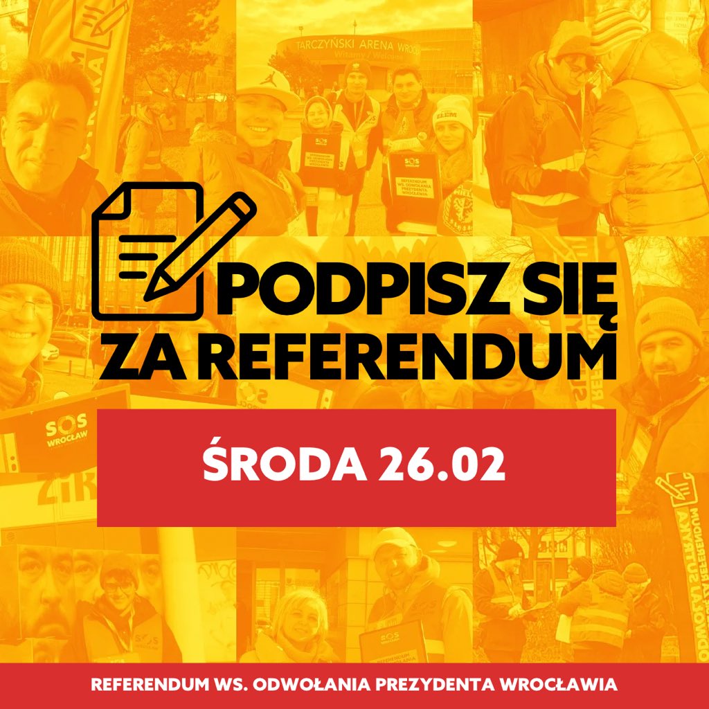 W środę 26 lutego będziecie mogli podpisać się pod wnioskiem o referendum ws. odwołania Jacka Sutryka w poniższych punktach:

👉 10:00-12:00 oraz 16:00-18:00 - budynek NOT, ul. Piłsudskiego 74, sala 234 na 1. piętrze

👉9:00-12:00 - Centrum Handlowe Borek (skrzyżowanie