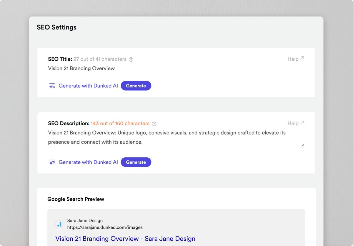 ✨SEO control? You got it!  

Our latest Dunk gives you complete control over your portfolio's SEO (with #AI assistance). We're here to help you and your portfolio get found online. 

Give it a try at dunked.com!