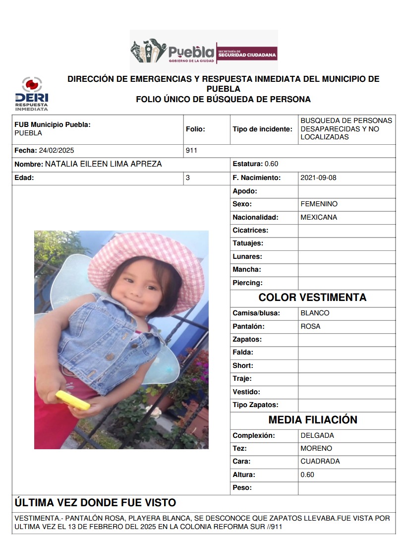 CurulPuebla's tweet photo. #LaHasVisto ⁉️ Se solicita su apoyo para localizar a Natalia Eileen Lima Apreza de 3 años de edad, quien fue vista por última vez el 13 de Febrero de 2025 en la colonia Reforma Sur, #Puebla. Cualquier información, comuníquese al @911Puebla. #CurulPuebla https://t.co/1l1YsVh6Bq