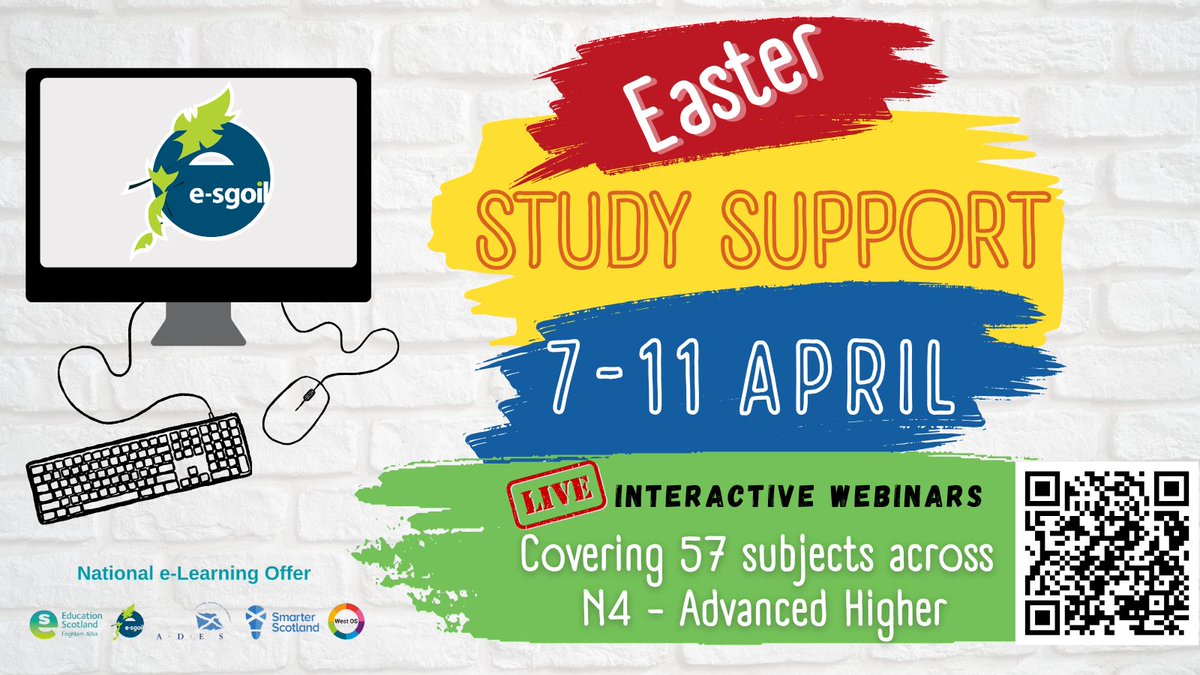 Look out for registration going live next week for our Easter Study Support programme.

This years programme of live daytime webinars will run from 7-11 April and covers 57 subjects across N4-Advanced Higher.

e-sgoil.com/senior-phase/e…

#StudySupport #SeniorPhase #NeLO