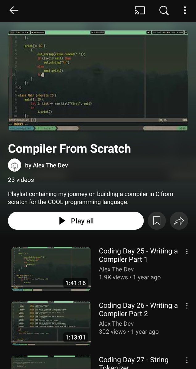 RuiCarrilho5's tweet photo. Cool little playlist on making a Compiler From Scratch. All in C, very comprehensive. Brush up on your C while learning how programming languages work! https://t.co/XxCDNYeVnd