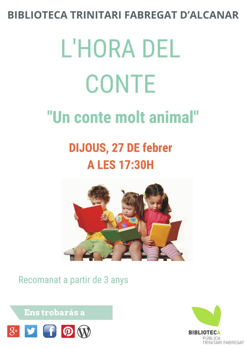 Famílies! Aquest dijous torna l'hora del conte amb "Un conte molt animal" 📚🐛
 Un grapat d'històries per escoltar grans i menuts.
Recomanat a partir de 3 anys.

📅Dijous, 27 de febrer
⏰17:30h
📍Biblioteca d'Alcanar

#horadelcontre