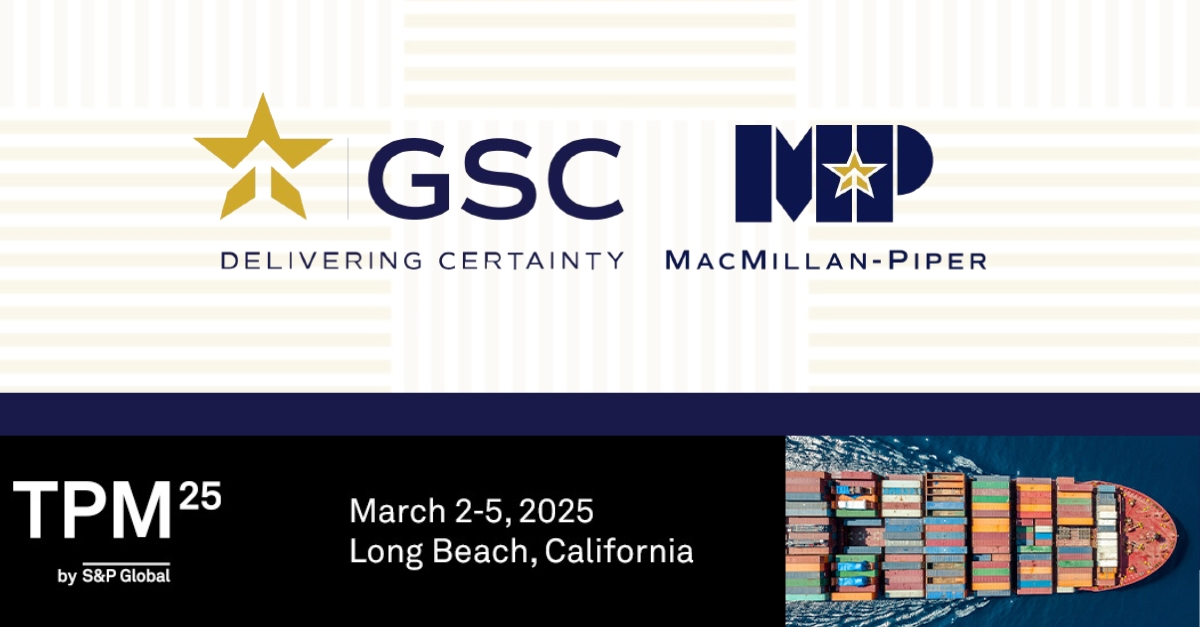 Go_GSC's tweet photo. GSC and MacMillan-Piper are excited for #TPM25, the premier maritime conference from March 2-5! We’ll connect with industry leaders and explore key topics like nearshoring, tech innovations, resilience, sustainability, and labor challenges. Learn more: https://t.co/R74z9MYrFa https://t.co/MBwodTliS4