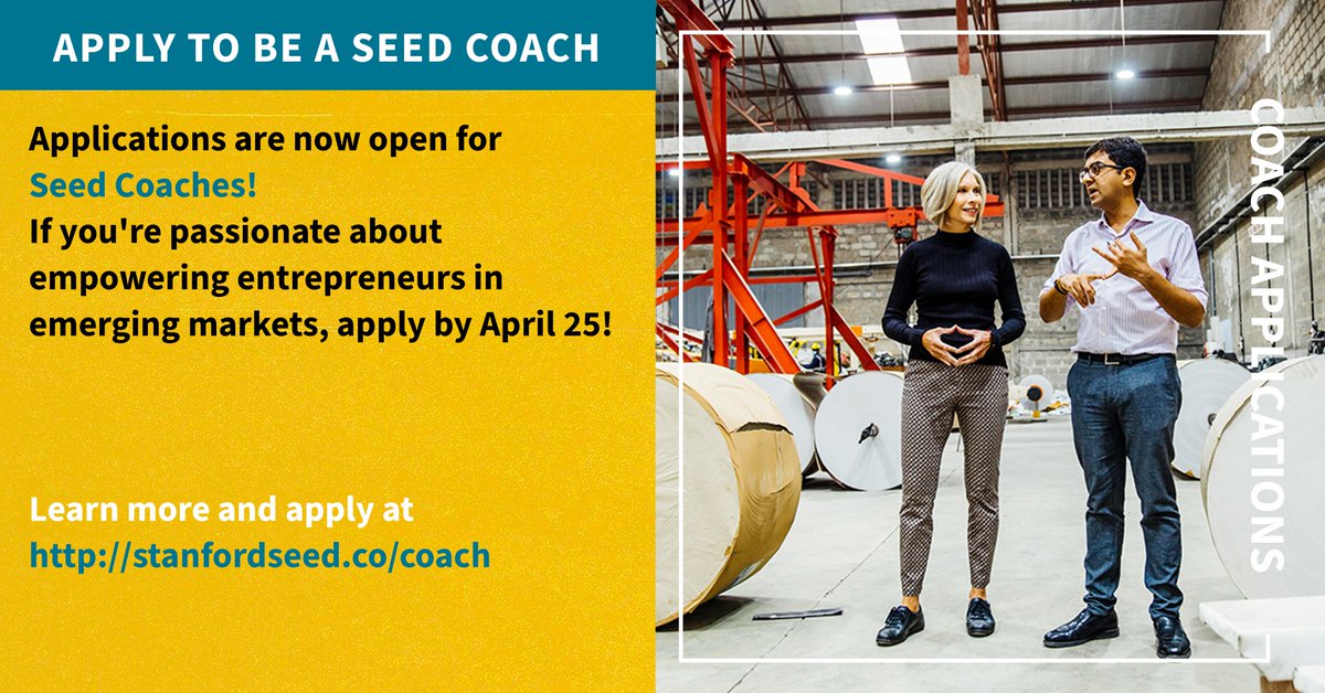 Volunteer as a Stanford Seed Coach for a year and share your expertise to help entrepreneurs in emerging markets grow their businesses.

Apply by April 25 at stanfordseed.co/coach

#Entrepreneurship #Mentorship