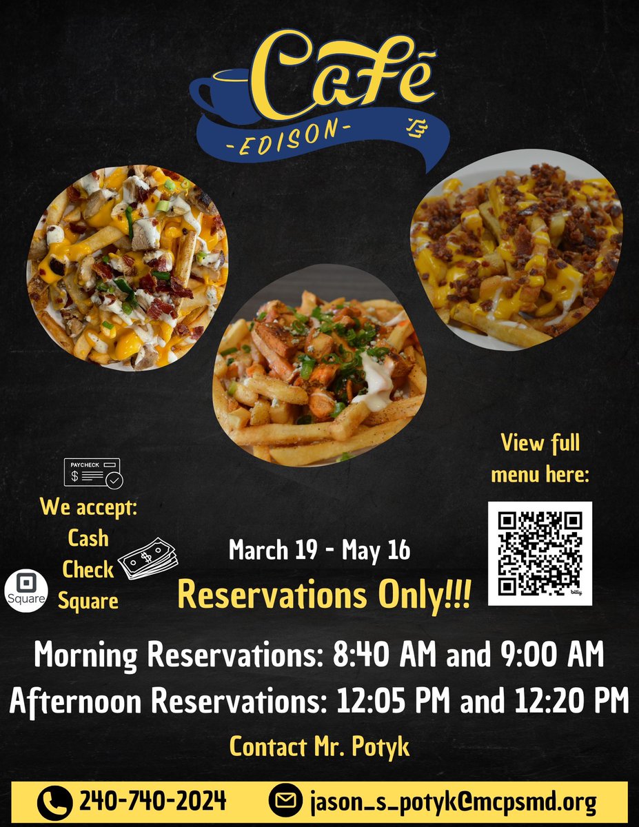 🚨 Exciting News! 🚨

Café Edison, our student-run restaurant at Thomas Edison High School of Technology, is opening for breakfast &amp; lunch on weekdays from March 17 – May 16!
Come support our talented students and enjoy some delicious food! 🍳🥪
#CTE #MCPS #StudentChefs