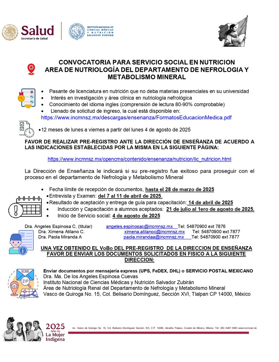 incmnszmx's tweet photo. * CONVOCATORIA SERVICIO SOCIAL *
Servicio Social en Nutrición Área de Nutriología del Departamento de Nefrología y Metabolismo Mineral.
Para mayores informes favor de ingresar:
https://t.co/3CMmYztNoF https://t.co/CUDzFMNKmr