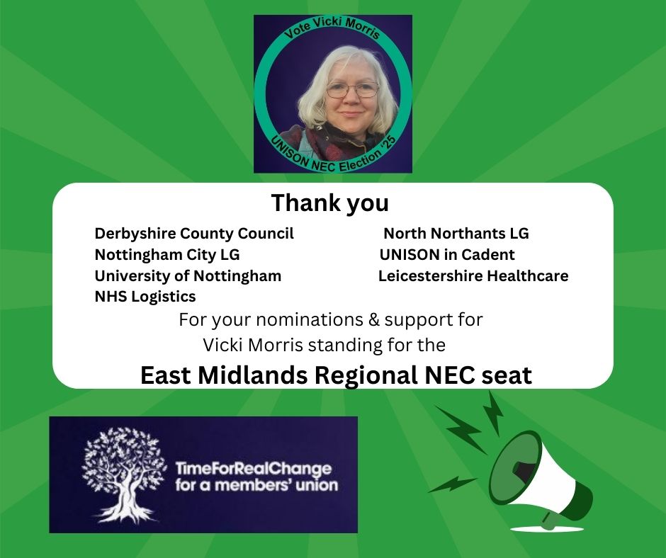nottsocialist's tweet photo. Thanks to the #UNISON branches that have nominated me for the #EastMidlands female NEC seat. I'll be in touch soon to tell you about my campaign to help rebuild our public services! DM for more info. #SaveTheNHS #SaveOurServices #SaveOurUnis #TaxTheRich #tfrc #TimeForRealChange https://t.co/z3PJMZ5Qih