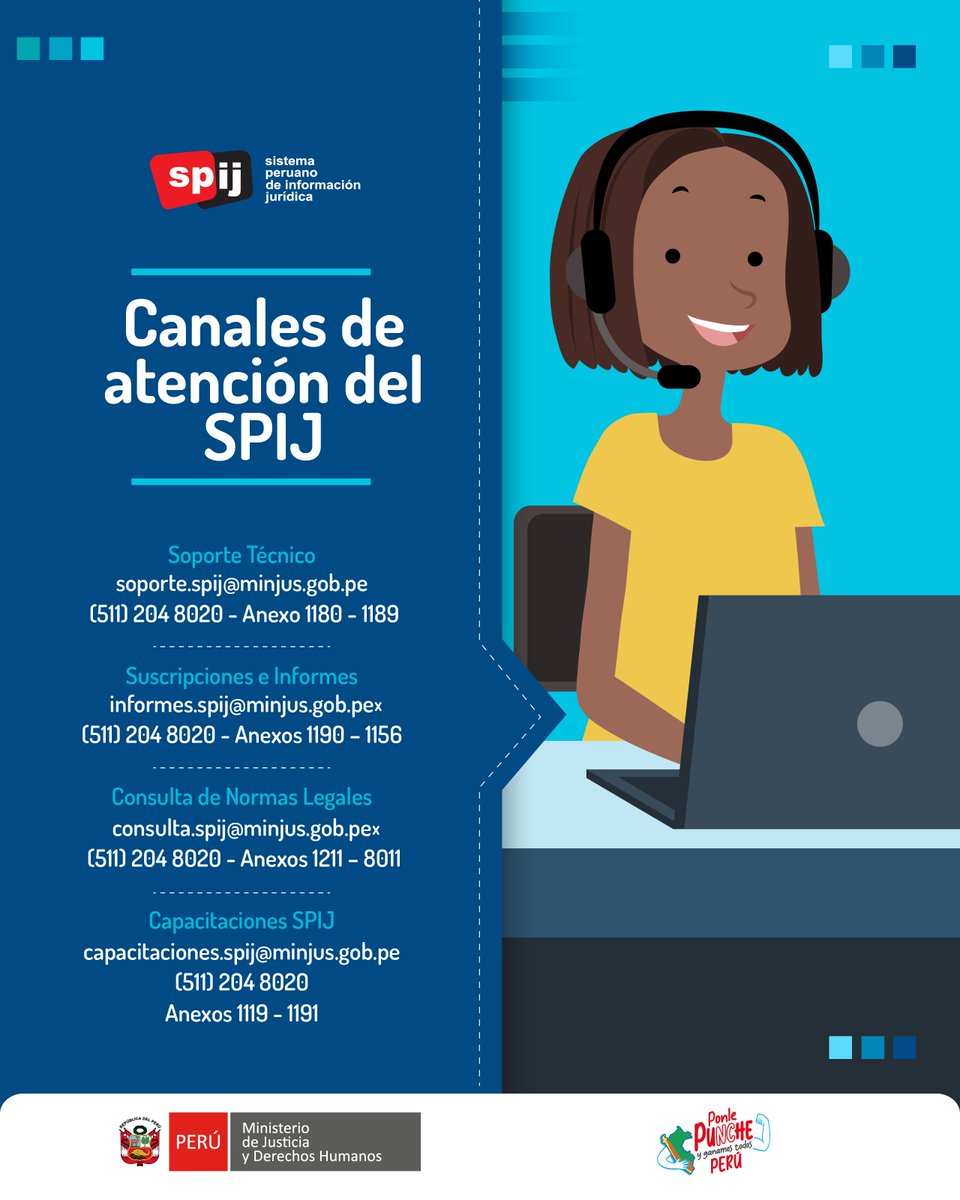 MinjusDH_Peru's tweet photo. 💻📲 ¡El #SPIJ está a tu servicio! Si deseas suscribirte, recibir información del contenido de las normas o contar con soporte técnico, estos son los canales de atención que ponemos a tu disposición.
Accede al SPIJ 👉 https://t.co/0ceuMLQ8J1 https://t.co/8gfAxf1mYm