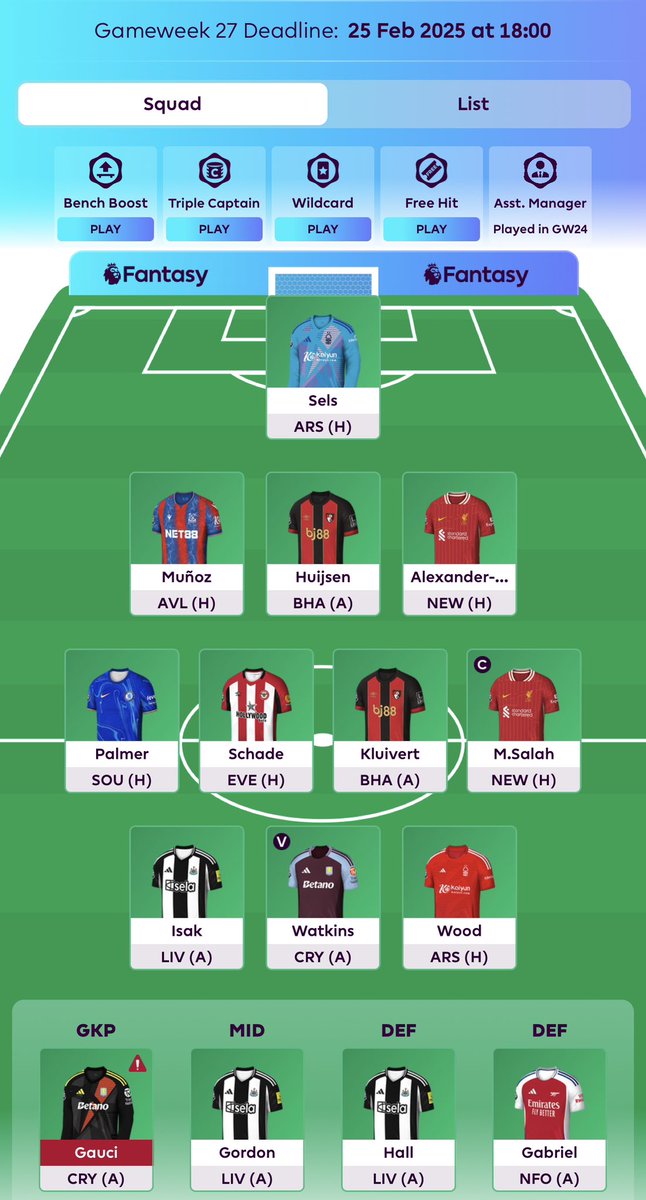 gw27 troops, parted ways with AM Potter after 2 consecutive bsky h2h losses💔

🎟️: 32k ovr
🎟️: 64k 2nd chance
🫡: Salah (2x salah > 2x palmer)
™️: rolled 
🏦: £106.8m 😕